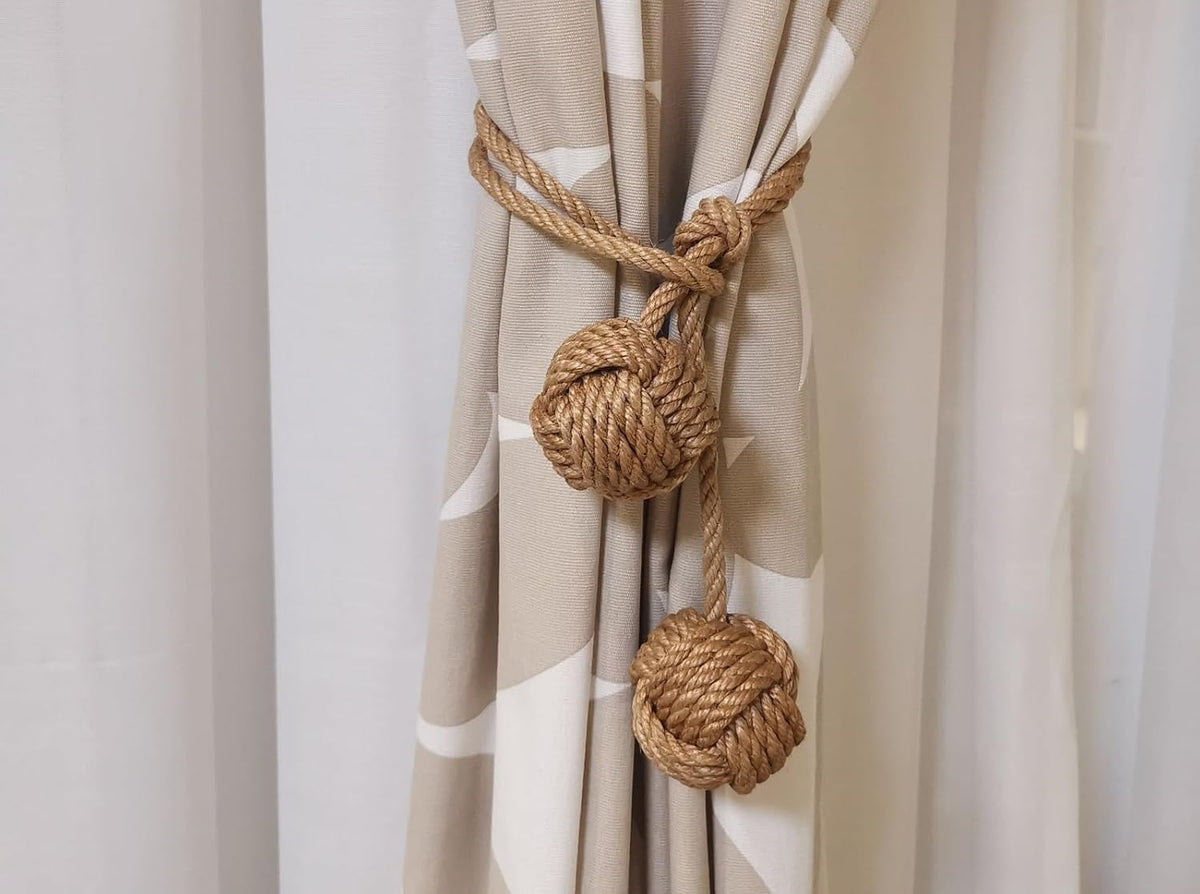 Natural Jute Rope Curtain Tiebacks, 4 Pack Handmade Adjustable Curtain Holdbacks for Thin to Thick Curtains，Decorative Curtain Tie Backs for Draperies, Boho Farmhouse Outdoor Style No Drill for Home