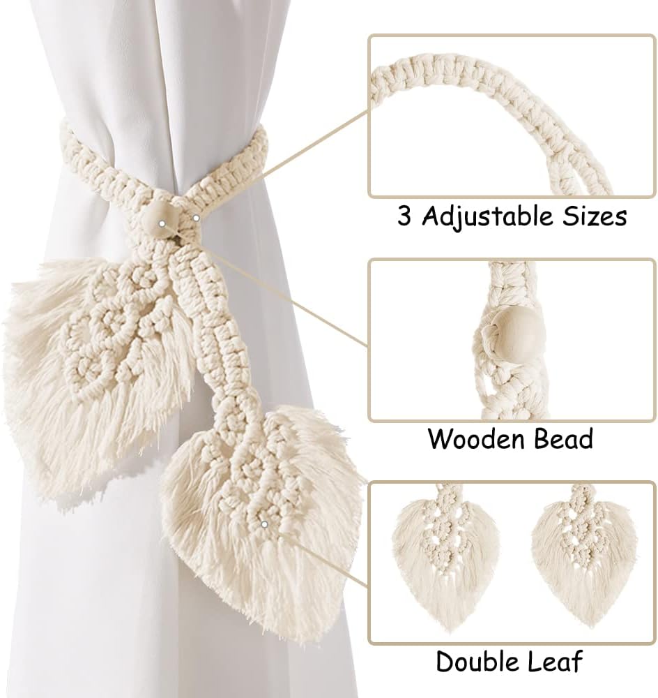 2 Pack Boho Curtain Tiebacks,Hand Knitting Cotton Curtain Holdbacks with Adjustable Natural Wooden Bead,Double Leaves Farmhouse Theme Curtain Tie Backs, for Indoor Outdoor Drapes Decorative,(Beige)