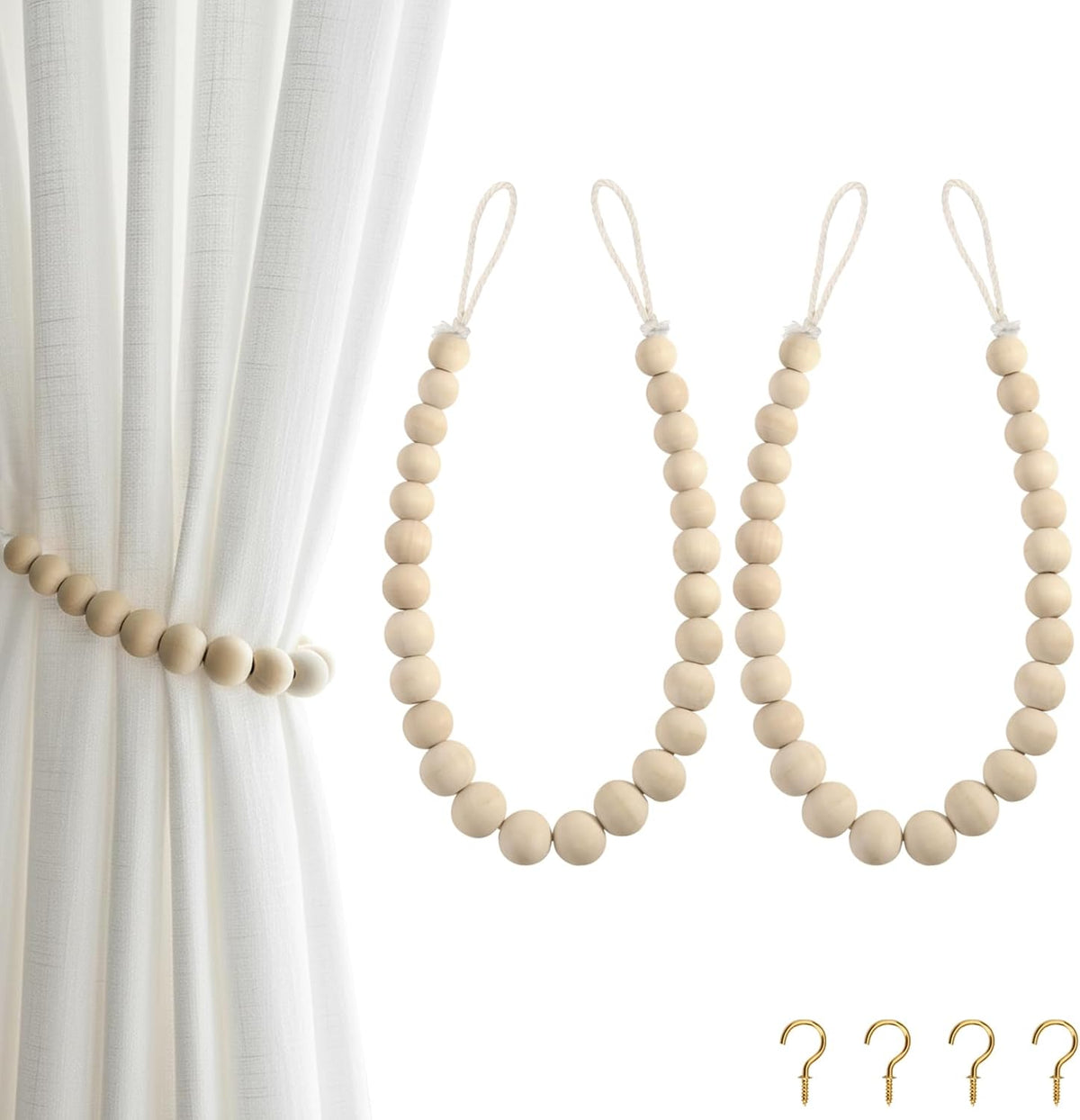 Hion 2-Pack Curtain Tiebacks,Curtain Holdbacks,Boho Wood Bead Tie Backs