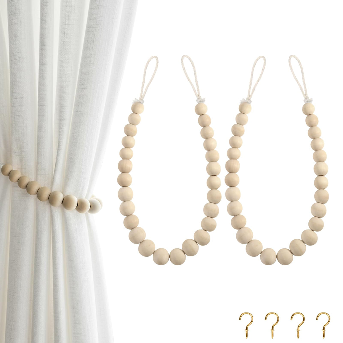 Hion 2-Pack Curtain Tiebacks,Curtain Holdbacks,Boho Wood Bead Tie Backs
