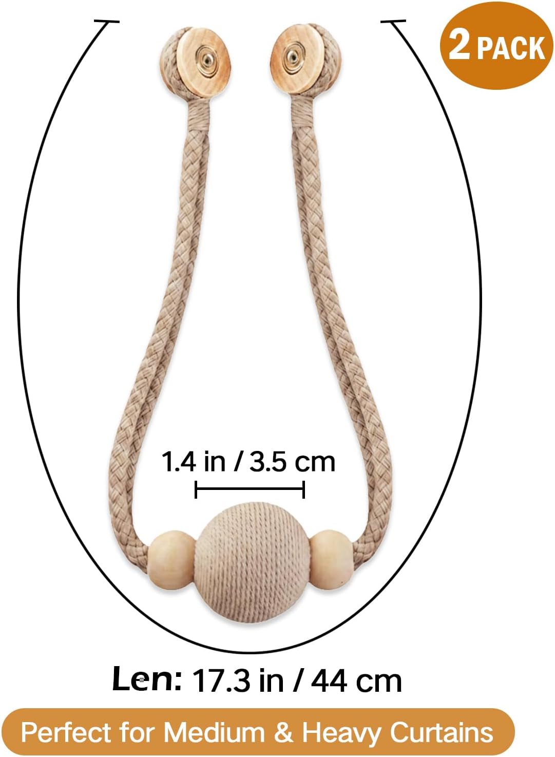 2 Pack Magnetic Curtain Tiebacks, Minimalist Curtain Holdbacks (Brown)
