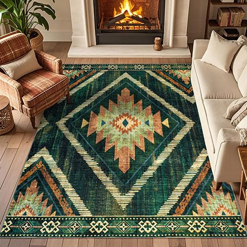 Boho Washable Rugs 5x7ft Non Slip, Low Pile Area Rug for Living Room, Brown Moroccan Bedroom Carpets, Non Shedding Soft Floor Carpet for Dining Room Bathroom Nursery Kitchen Office