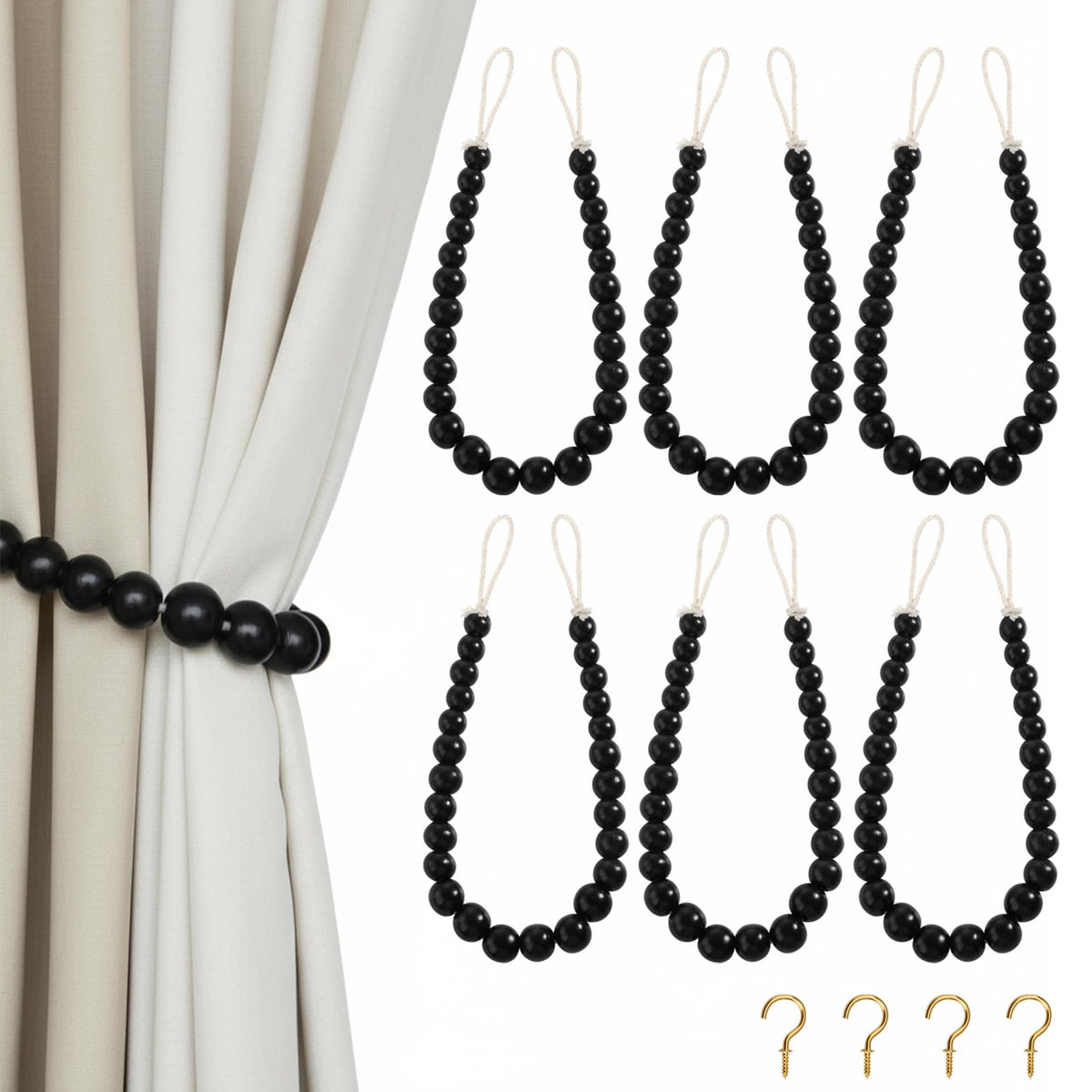 Hion 2-Pack Curtain Tiebacks,Curtain Holdbacks,Boho Wood Bead Tie Backs
