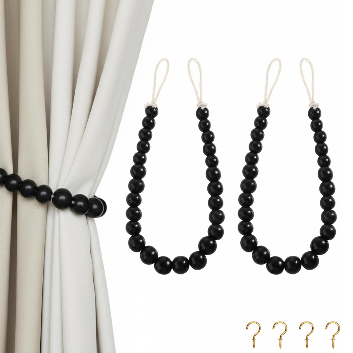 Hion 2-Pack Curtain Tiebacks,Curtain Holdbacks,Boho Wood Bead Tie Backs