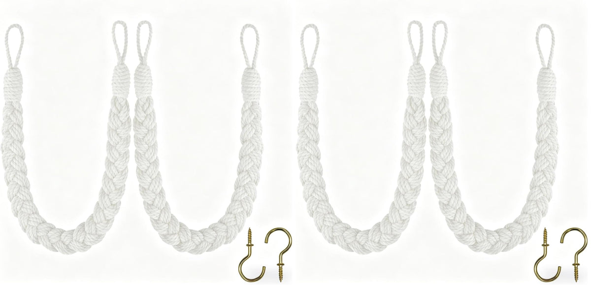 Home Queen Hand Braided Curtain Tieback, Buckle Holdback Drapery Curtain Tie Back, 2 Rope Cotton Belt Curtain Tie with 2 Metal Hooks, White