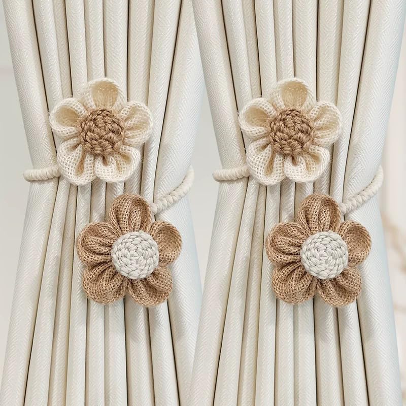 Curtain Tiebacks Rustic Holdbacks for Drapes(2 Pack), Farmhouse Curtain Holdbacks, Jute Rope with Wood Club, Natural Boho Chic Decor Drapery Holder