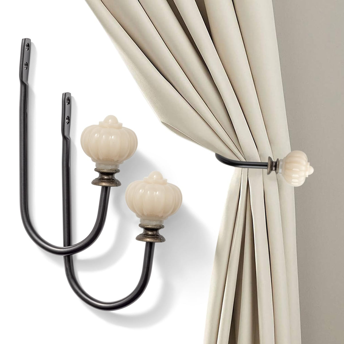 Vintage Curtain Holdbacks 2Pcs - Pumpkin Shaped, Metal Curtain Side Holders for Wall, Small Drapes Pull Backs Hook, Window Drapery Tie Backs Wall Mounted, Curtain Hardware Accessories