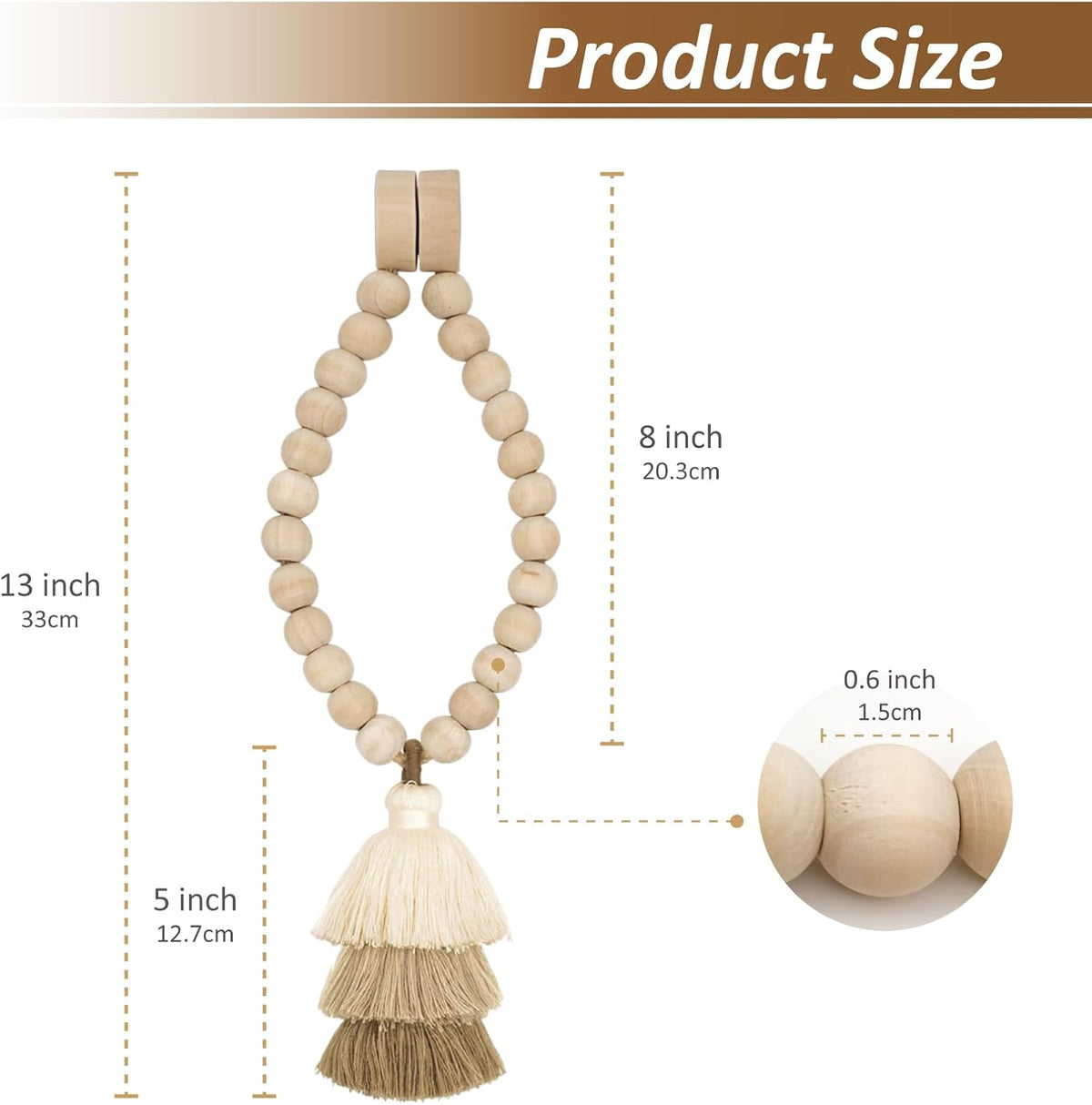 Magnetic Curtain Tiebacks with Wood Beads, Boho Rope Drapery Holdbacks with Triple Tassels, No Drill Curtain Holders for Farmhouse Bedroom, Living Room or Nursery, 2 Pack, Beige Taupe Brown
