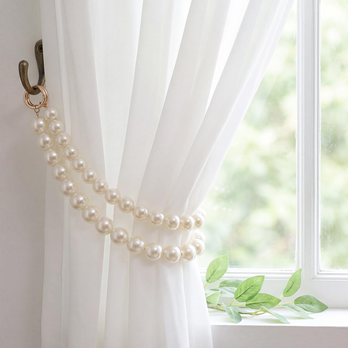 Tondiamo 2 Pack Pearl Curtain Tiebacks Decorative Window Drape Holdbacks with Large Pearls French Rustic Curtain Tie Bands for Bedroom Living Room Home Decor (Single)