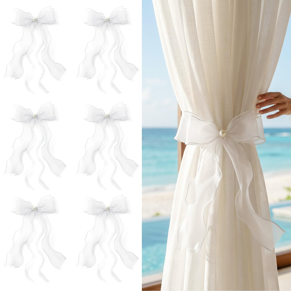 White Lace Bow Curtain Tiebacks 6-Pack, Vine Floral Curtain Holdbacks