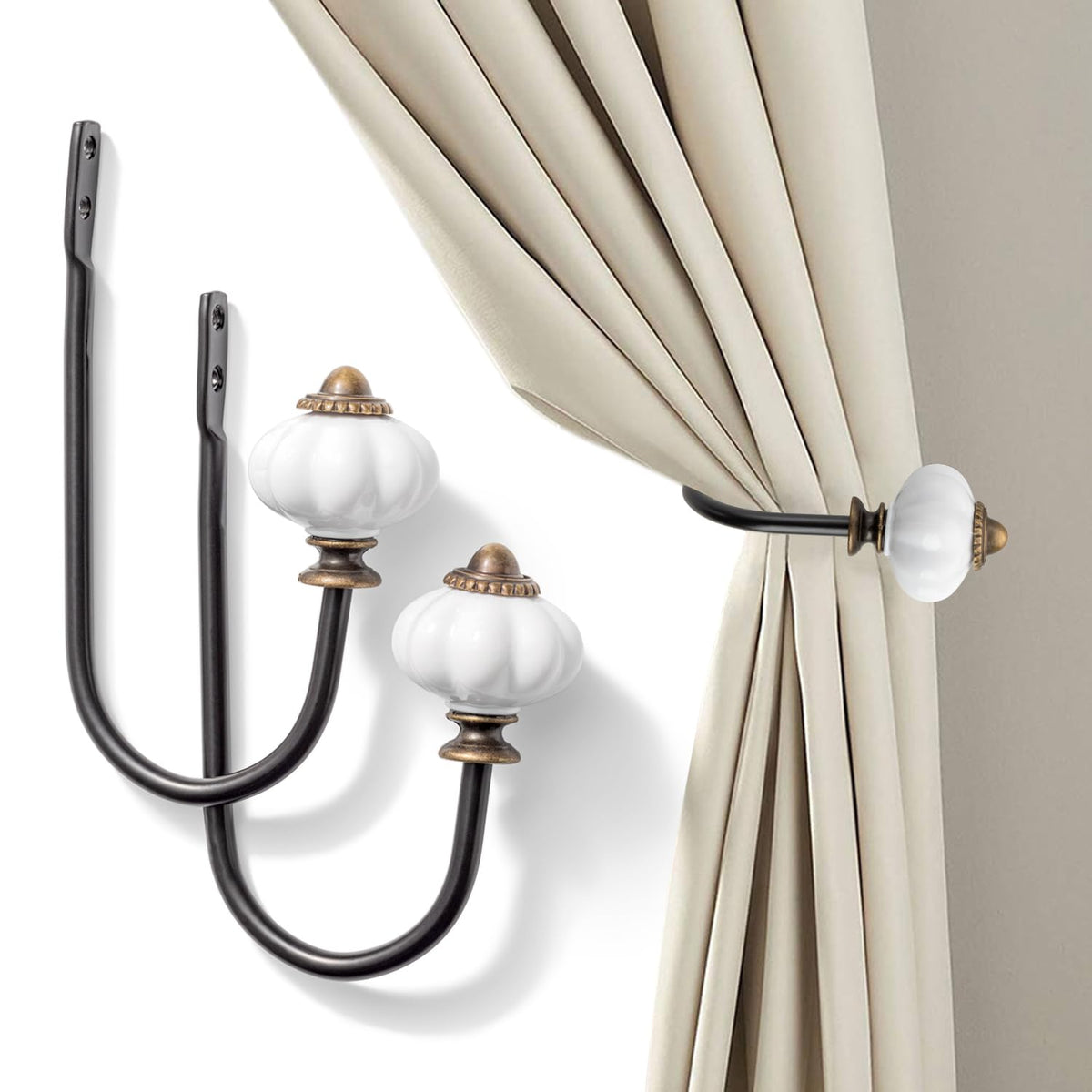 Vintage Curtain Holdbacks 2Pcs - Pumpkin Shaped, Metal Curtain Side Holders for Wall, Small Drapes Pull Backs Hook, Window Drapery Tie Backs Wall Mounted, Curtain Hardware Accessories