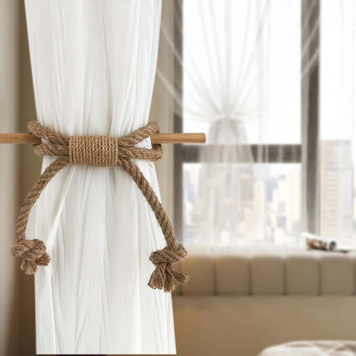 Curtain Tiebacks Rustic Holdbacks for Drapes(2 Pack), Farmhouse Curtain Holdbacks, Jute Rope with Wood Club, Natural Boho Chic Decor Drapery Holder