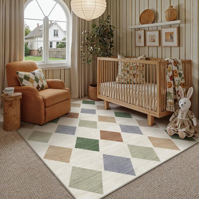 PureCozy 8x10 Washable Area Rug Living Room Beige Non Slip Checkered Carpet