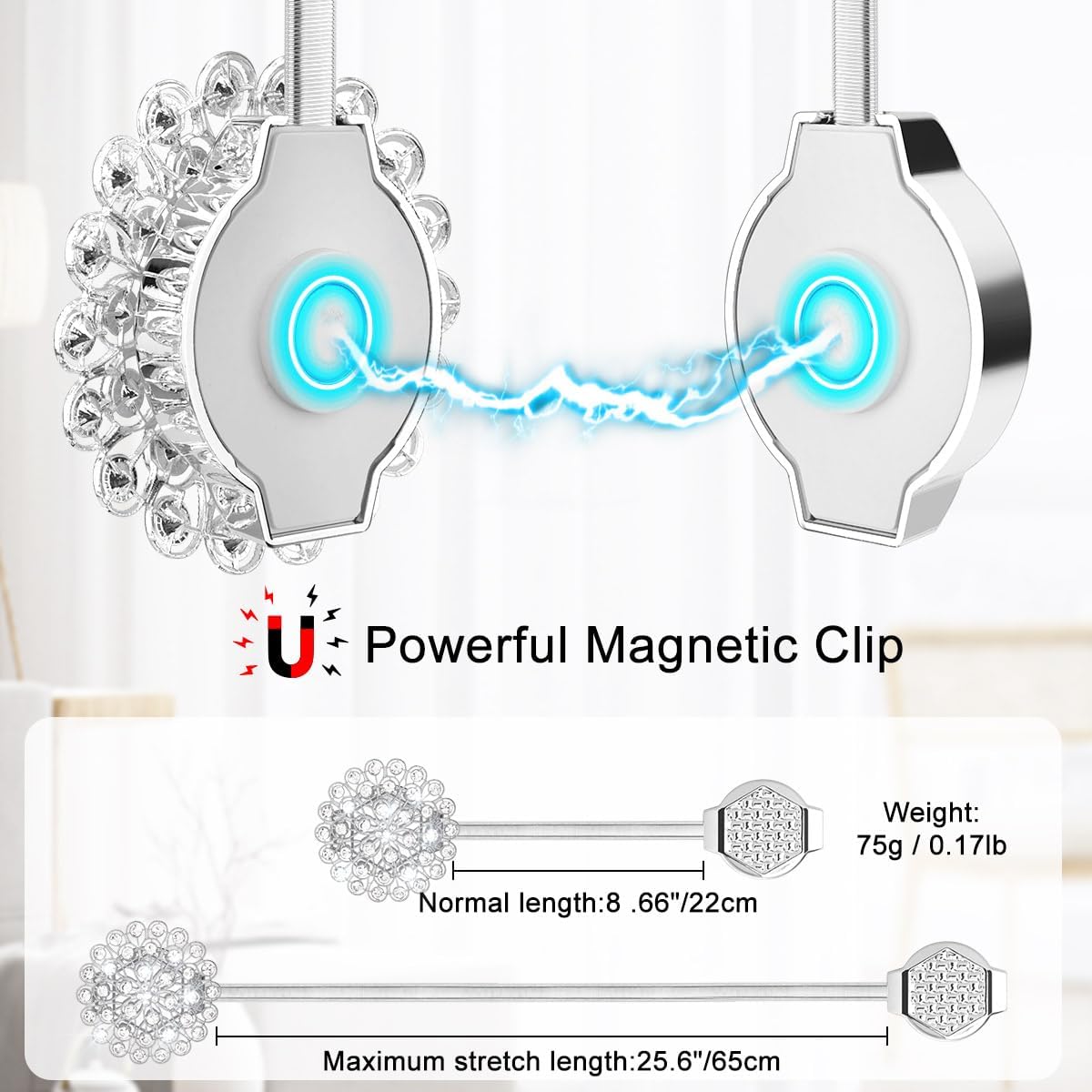 AULEEP Magnetic Curtain Tiebacks Crystal Curtain Ties Holdbacks, 4 Pack