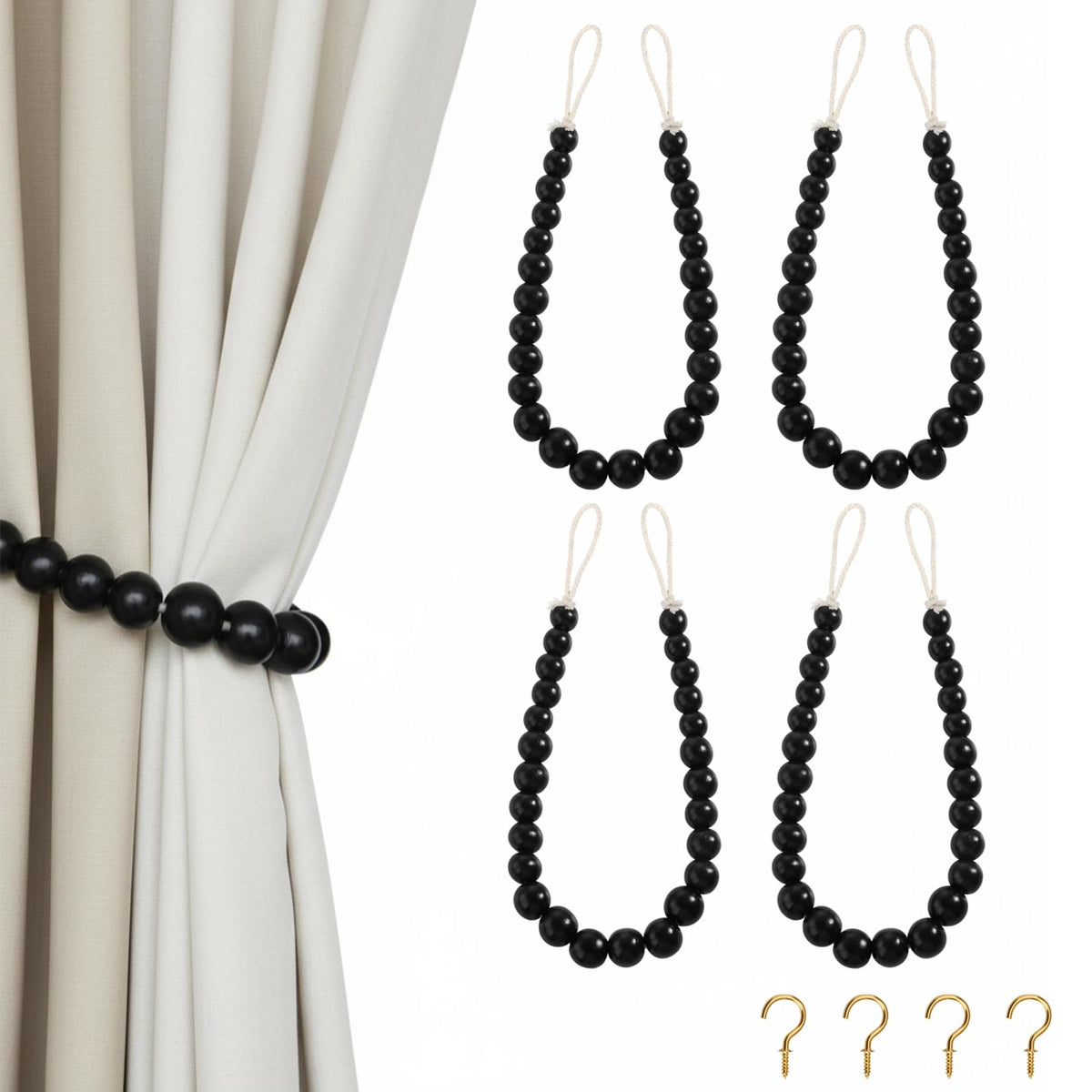 Hion 2-Pack Curtain Tiebacks,Curtain Holdbacks,Boho Wood Bead Tie Backs