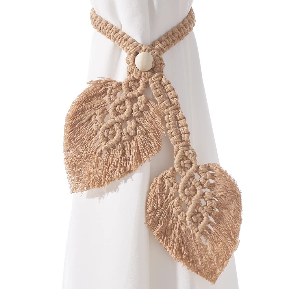 2 Pack Boho Curtain Tiebacks,Hand Knitting Cotton Curtain Holdbacks with Adjustable Natural Wooden Bead,Double Leaves Farmhouse Theme Curtain Tie Backs, for Indoor Outdoor Drapes Decorative,(Beige)