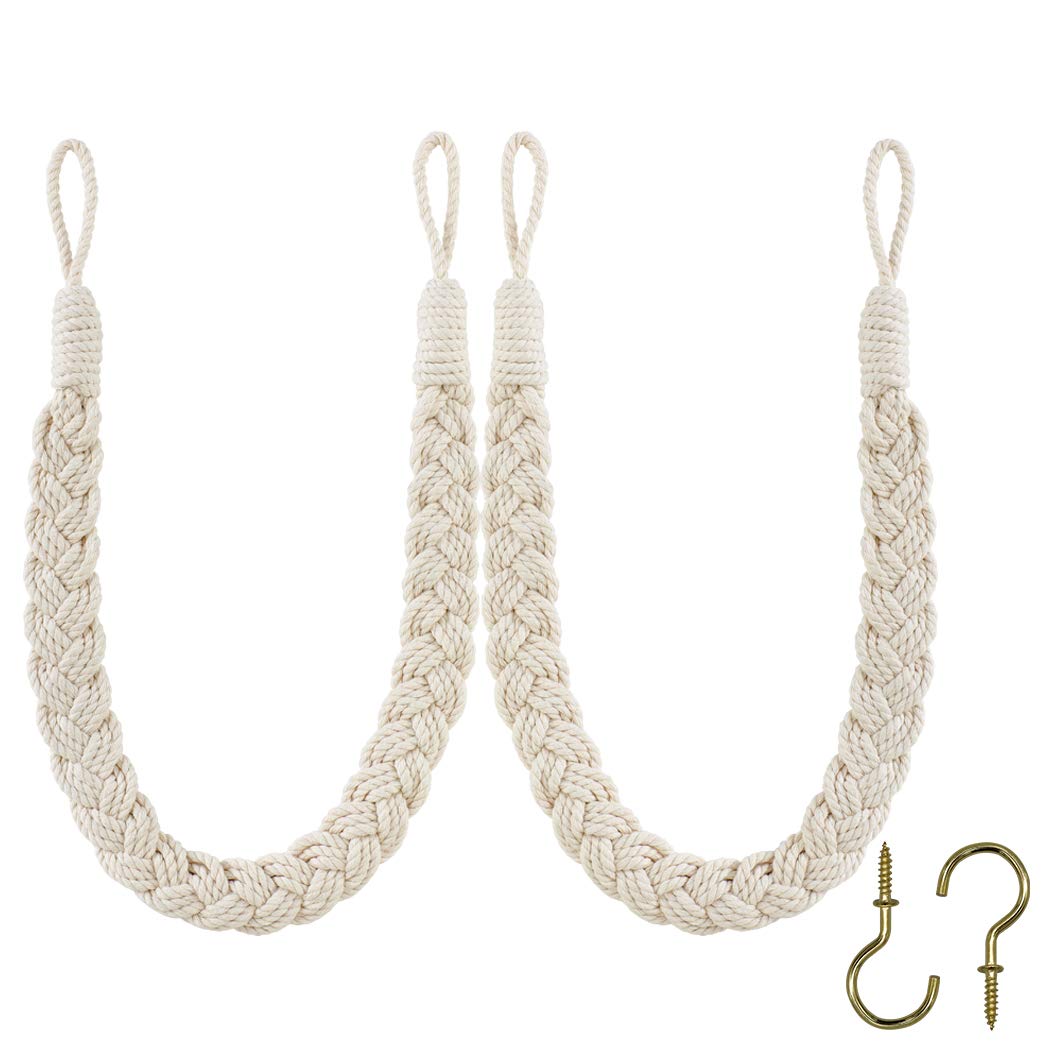 Home Queen Hand Braided Curtain Tieback, Buckle Holdback Drapery Curtain Tie Back, 2 Rope Cotton Belt Curtain Tie with 2 Metal Hooks, White