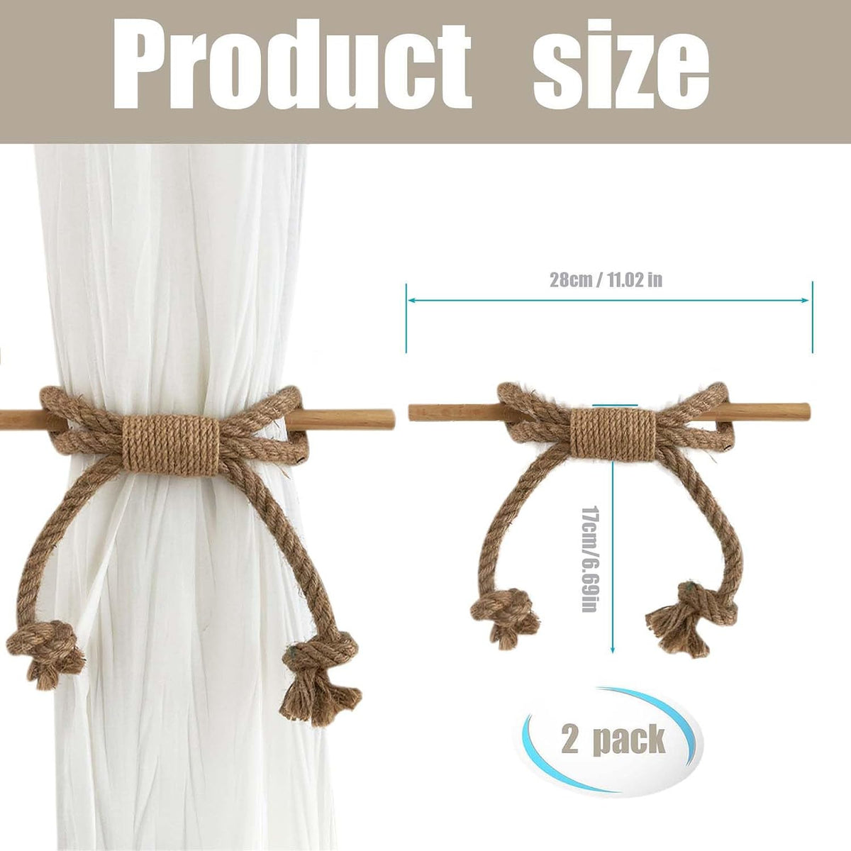 Curtain Tiebacks Rustic Holdbacks for Drapes(2 Pack), Farmhouse Curtain Holdbacks, Jute Rope with Wood Club, Natural Boho Chic Decor Drapery Holder