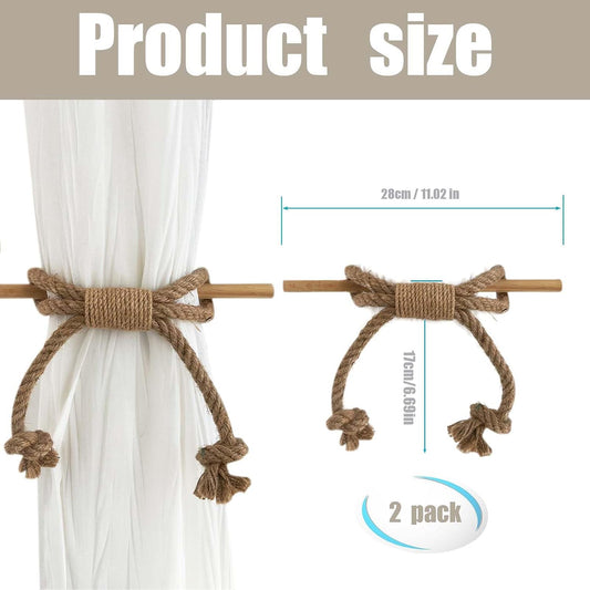 Curtain Tiebacks Rustic Holdbacks for Drapes(2 Pack), Farmhouse Curtain Holdbacks, Jute Rope with Wood Club, Natural Boho Chic Decor Drapery Holder