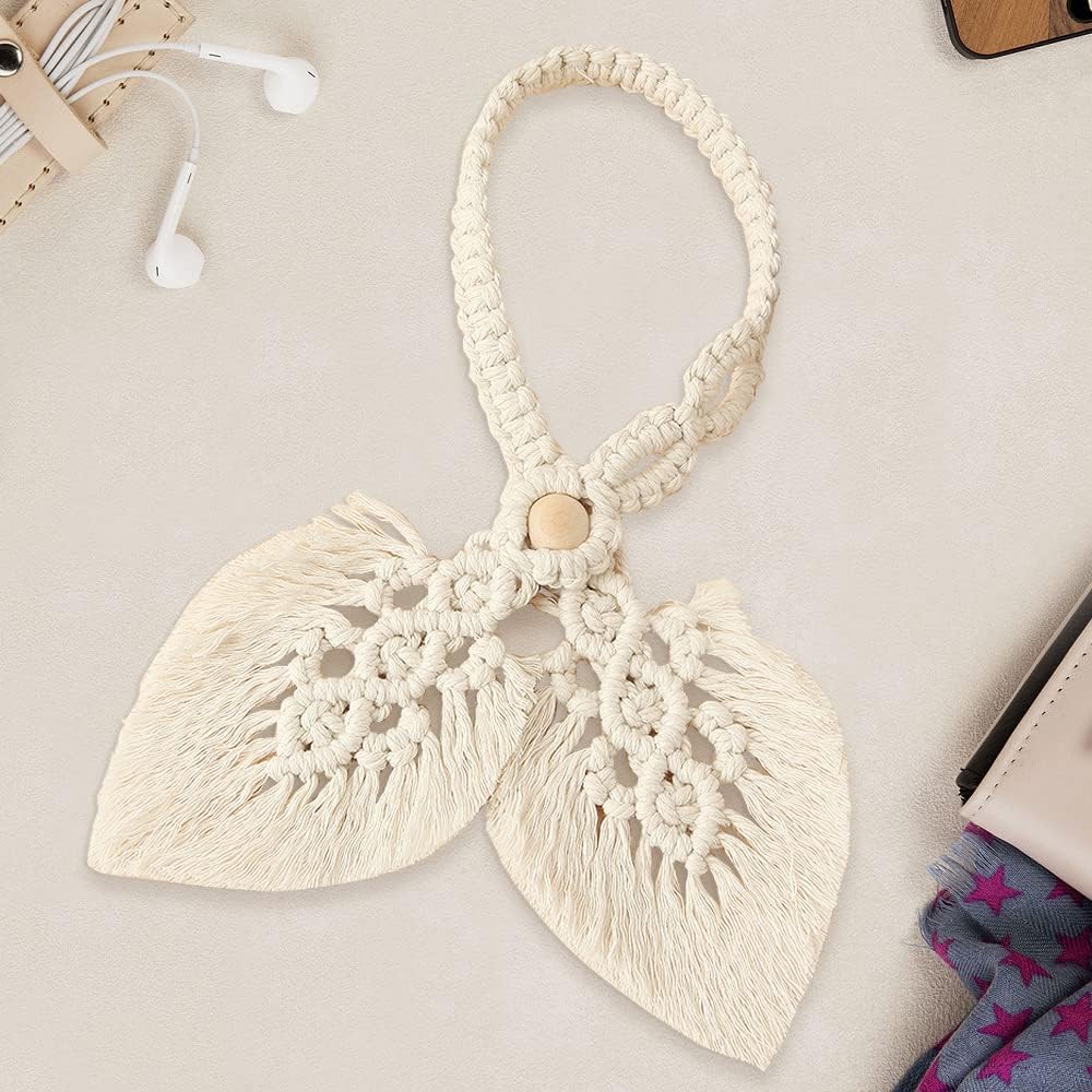 2 Pack Boho Curtain Tiebacks,Hand Knitting Cotton Curtain Holdbacks with Adjustable Natural Wooden Bead,Double Leaves Farmhouse Theme Curtain Tie Backs, for Indoor Outdoor Drapes Decorative,(Beige)