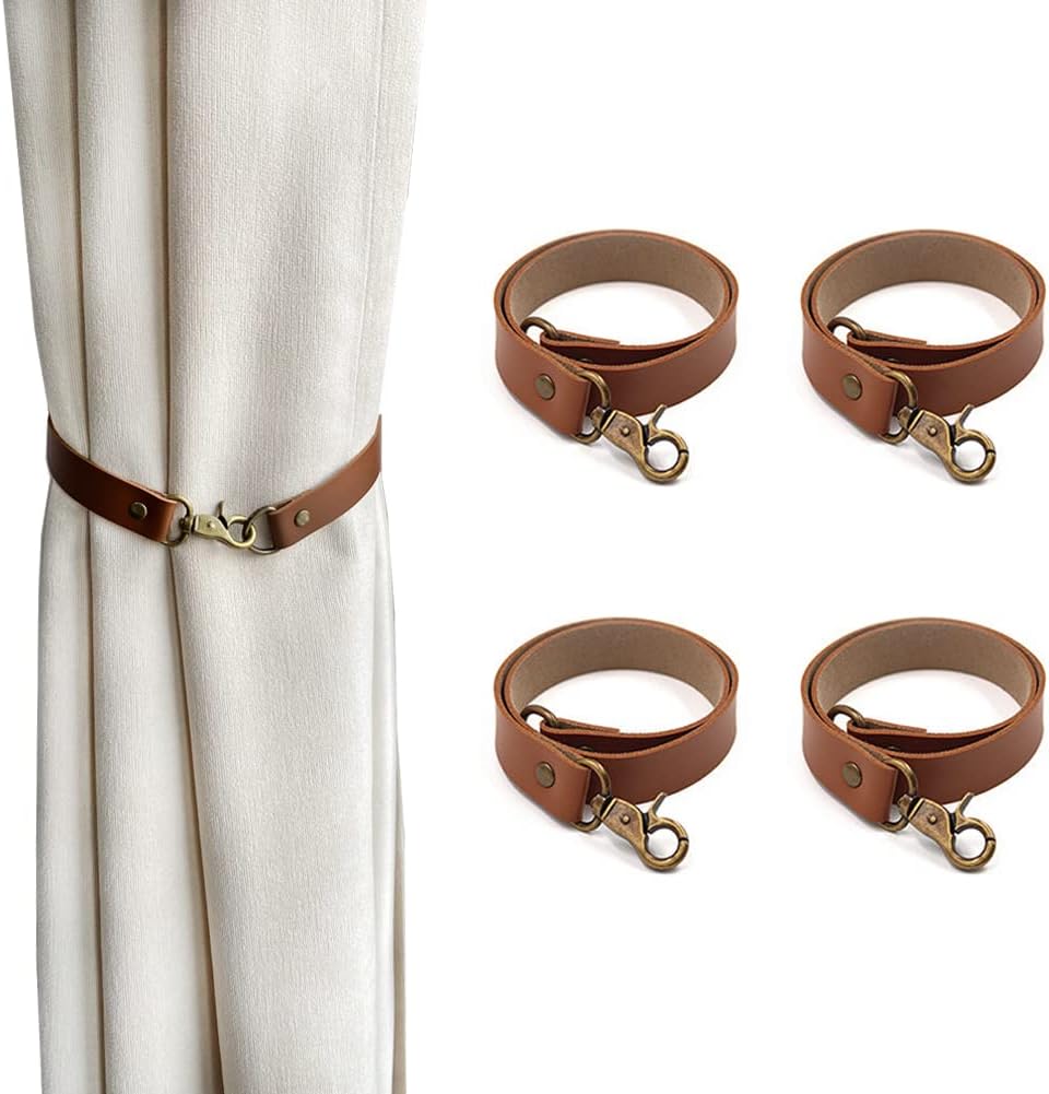 Leather Curtain Tiebacks, 4Pcs Leather Curtain Buckle Holdbacks Classic No-Drilling Ties Rope for Home Offic Living Room Bedroom Cafe Decorative (Brown)