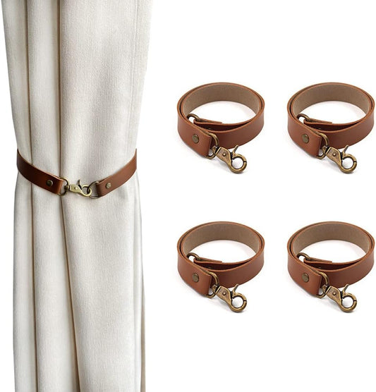 Leather Curtain Tiebacks, 4Pcs Leather Curtain Buckle Holdbacks Classic No-Drilling Ties Rope for Home Offic Living Room Bedroom Cafe Decorative (Brown)
