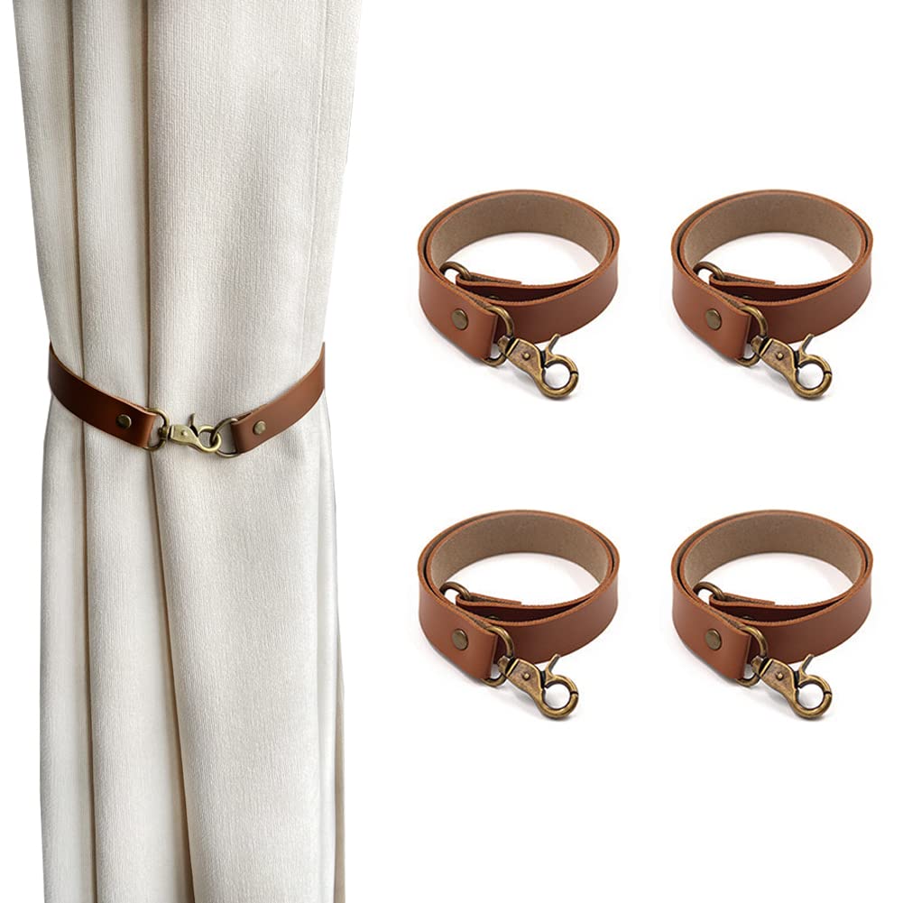 Leather Curtain Tiebacks, 4Pcs Leather Curtain Buckle Holdbacks Classic No-Drilling Ties Rope for Home Offic Living Room Bedroom Cafe Decorative (Brown)