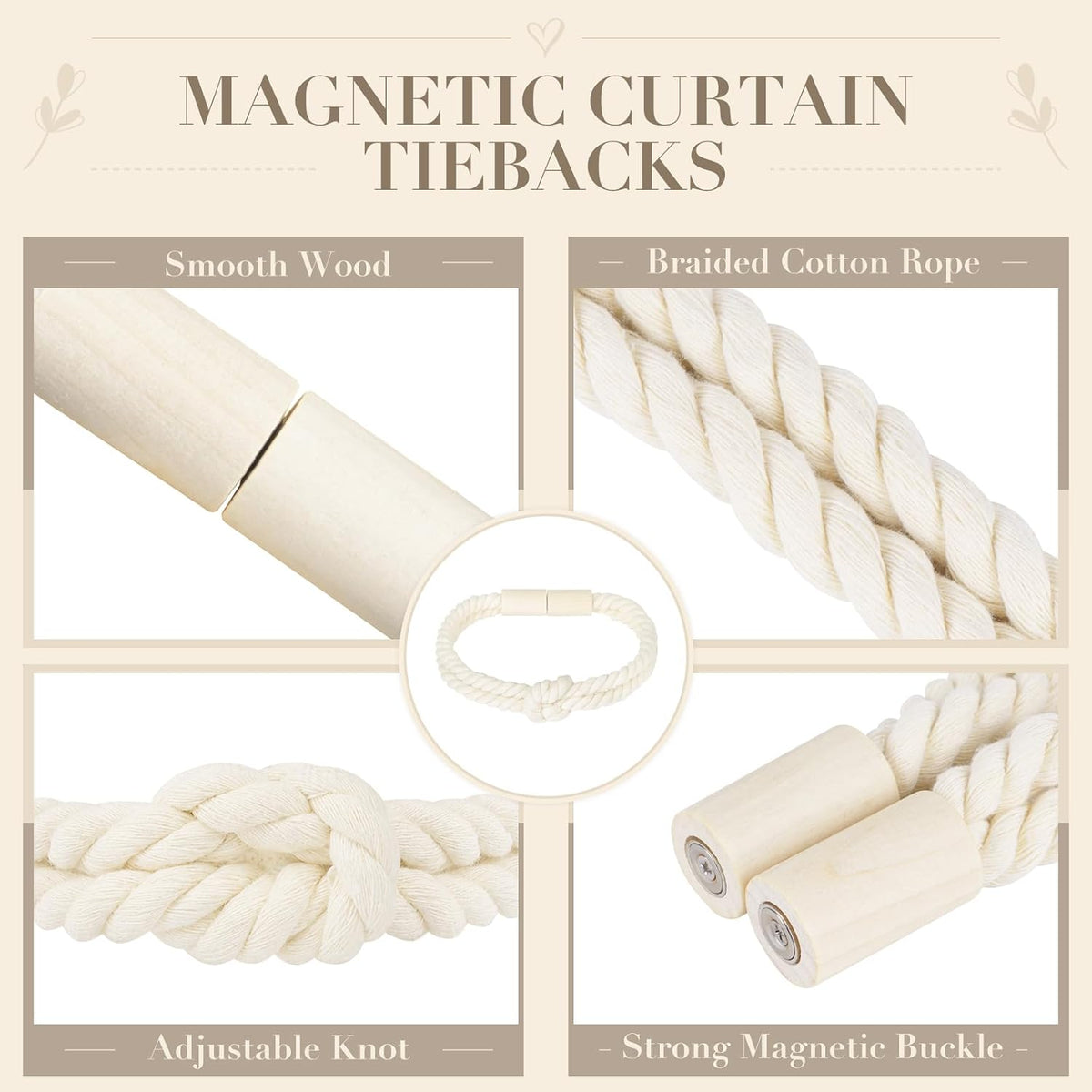 Magnetic Curtain Tiebacks, Boho Curtain Holdbacks, Beige, 2 Pcs