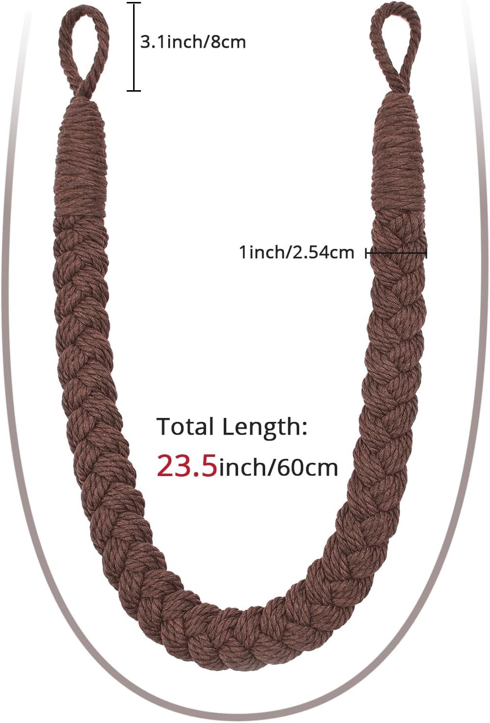 NICEEC 2 Pack Natural Cotton Rope Curtain Tiebacks Elegant Boho Style Decorative Drape Tie Backs Soft Hand-Woven Rope Curtain Holdbacks with Metal Hook for Home & Office Drapery (Coffee)