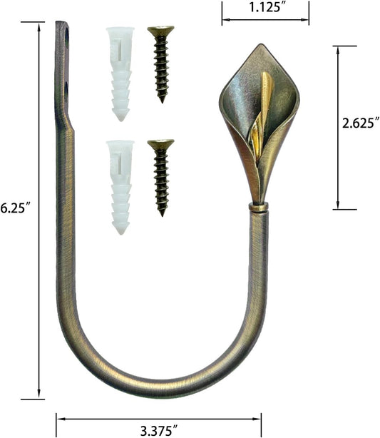 Antique Brass Curtain Holdbacks, Calla Lily Metal Tiebacks Wall Mounted - Decorative Holders for Drapes & Curtains, Heavy Duty Pull Back Hooks