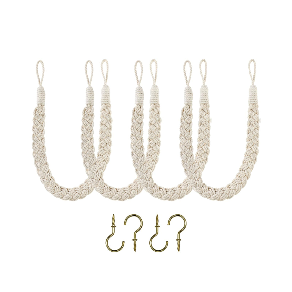 Home Queen Hand Braided Curtain Tieback, Buckle Holdback Drapery Curtain Tie Back, 2 Rope Cotton Belt Curtain Tie with 2 Metal Hooks, White