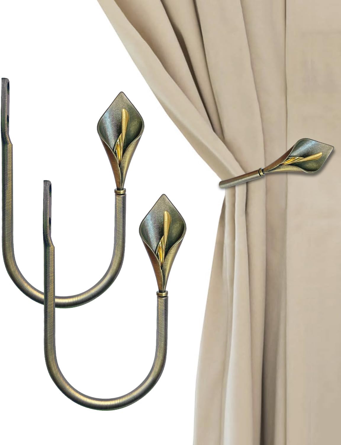 Antique Brass Curtain Holdbacks, Calla Lily Metal Tiebacks Wall Mounted - Decorative Holders for Drapes & Curtains, Heavy Duty Pull Back Hooks