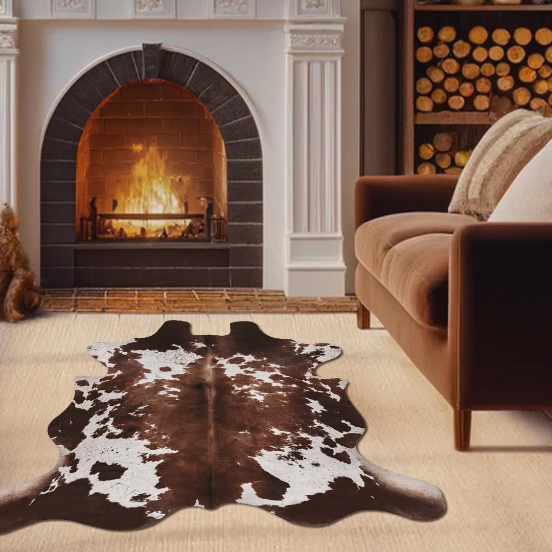 Faux Cowhide Cow Print Rug, Animal Hide Western Decor, 4.6 x 5.2 Feet