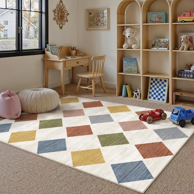 PureCozy 8x10 Washable Area Rug Living Room Beige Non Slip Checkered Carpet