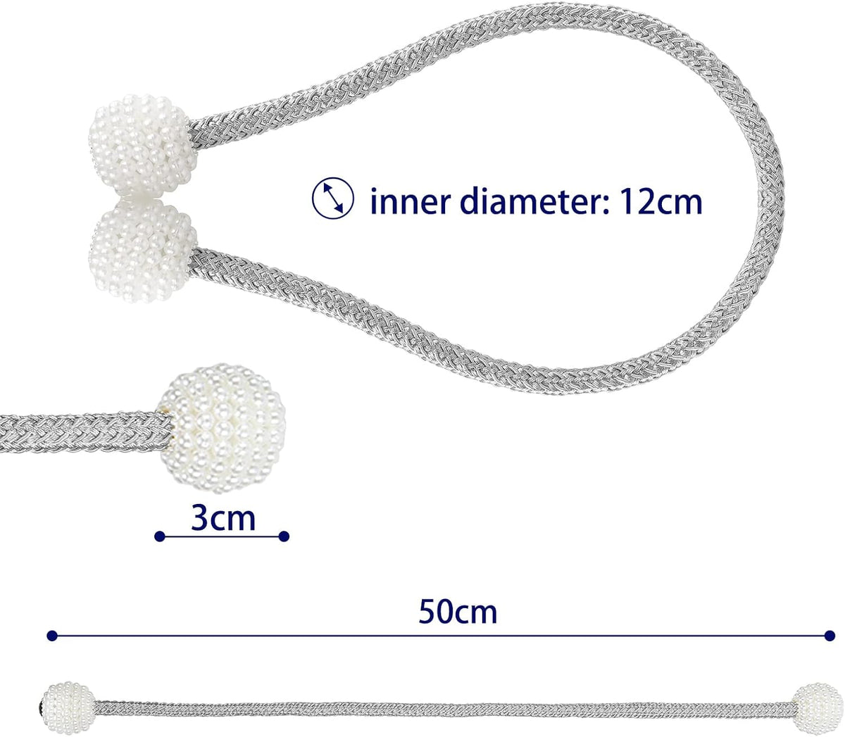 8 Pack Magnetic Curtain Tiebacks with Pearls,Elegant Window Treatment Holdbacks for Heavy Outdoor Drapes (Grey)