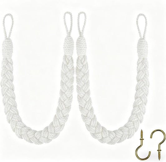 Home Queen Hand Braided Curtain Tieback, Buckle Holdback Drapery Curtain Tie Back, 2 Rope Cotton Belt Curtain Tie with 2 Metal Hooks, White