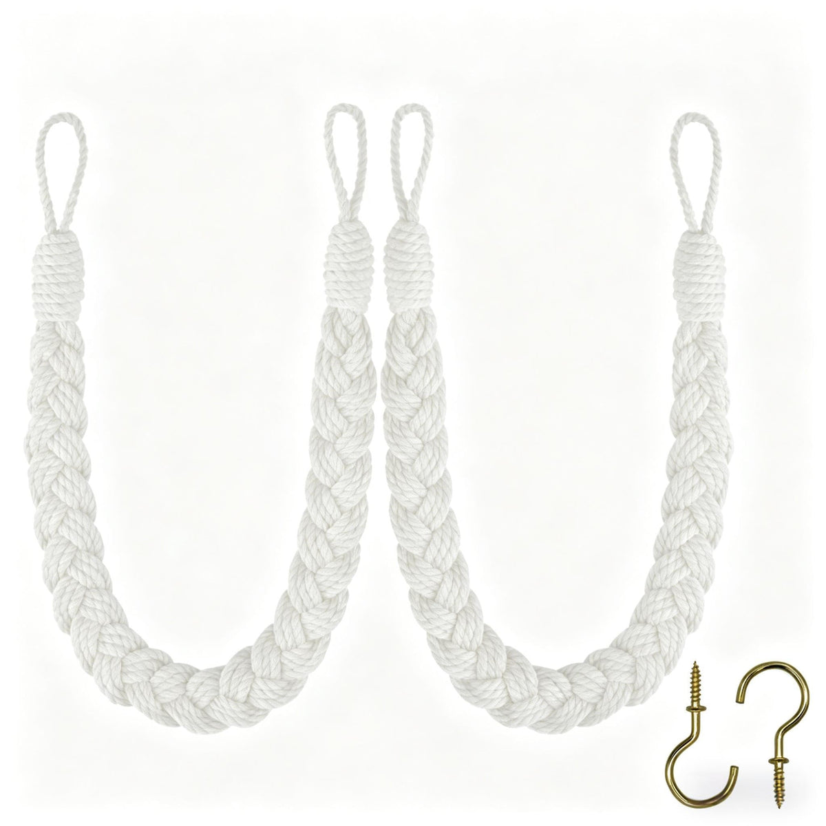Home Queen Hand Braided Curtain Tieback, Buckle Holdback Drapery Curtain Tie Back, 2 Rope Cotton Belt Curtain Tie with 2 Metal Hooks, White