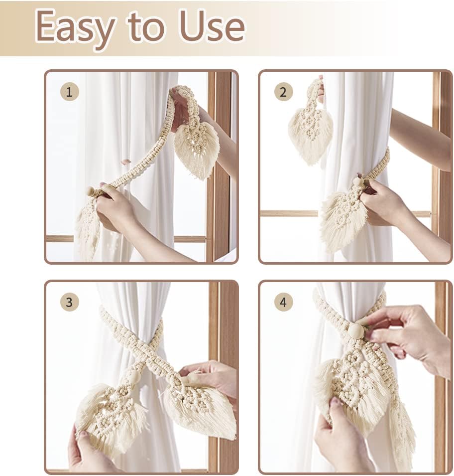2 Pack Boho Curtain Tiebacks,Hand Knitting Cotton Curtain Holdbacks with Adjustable Natural Wooden Bead,Double Leaves Farmhouse Theme Curtain Tie Backs, for Indoor Outdoor Drapes Decorative,(Beige)