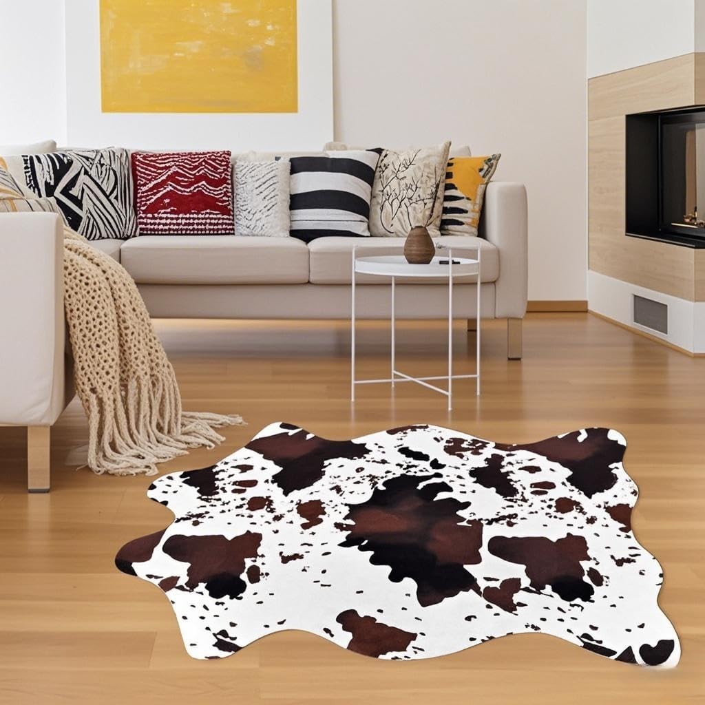 Sgizoku Cow Print Rug - 3.6x2.5 Feet Cow Hide Rugs Faux Cowhide Rug Cute Area Rug Fun Western Room Decor Cow Rugs for Living Room Bedroom Non-Slip Brown(43 inches x 29 inches)