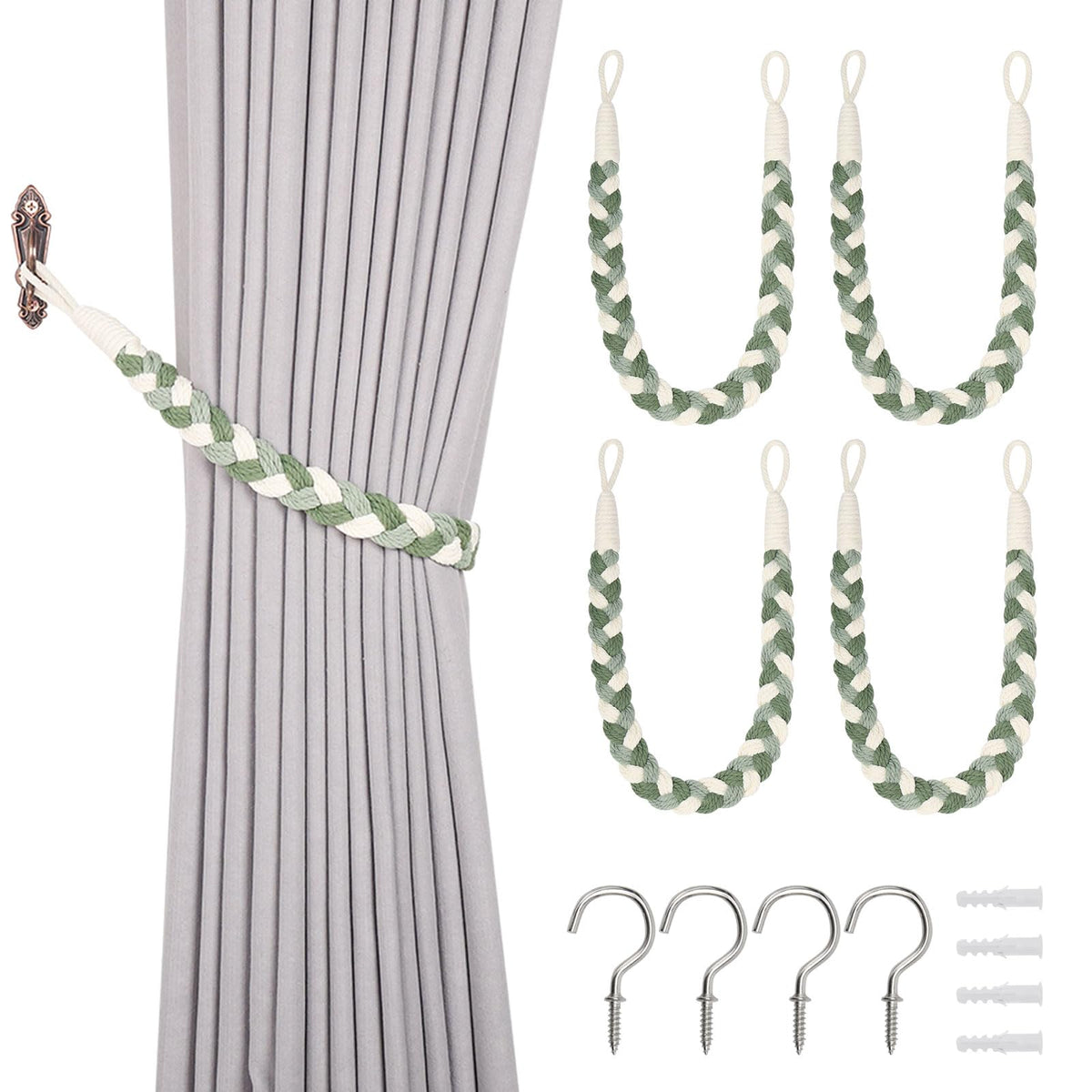 NICEEC 2 Pack Natural Cotton Rope Curtain Tiebacks Elegant Boho Style Decorative Drape Tie Backs Soft Hand-Woven Rope Curtain Holdbacks with Metal Hook for Home & Office Drapery (Coffee)