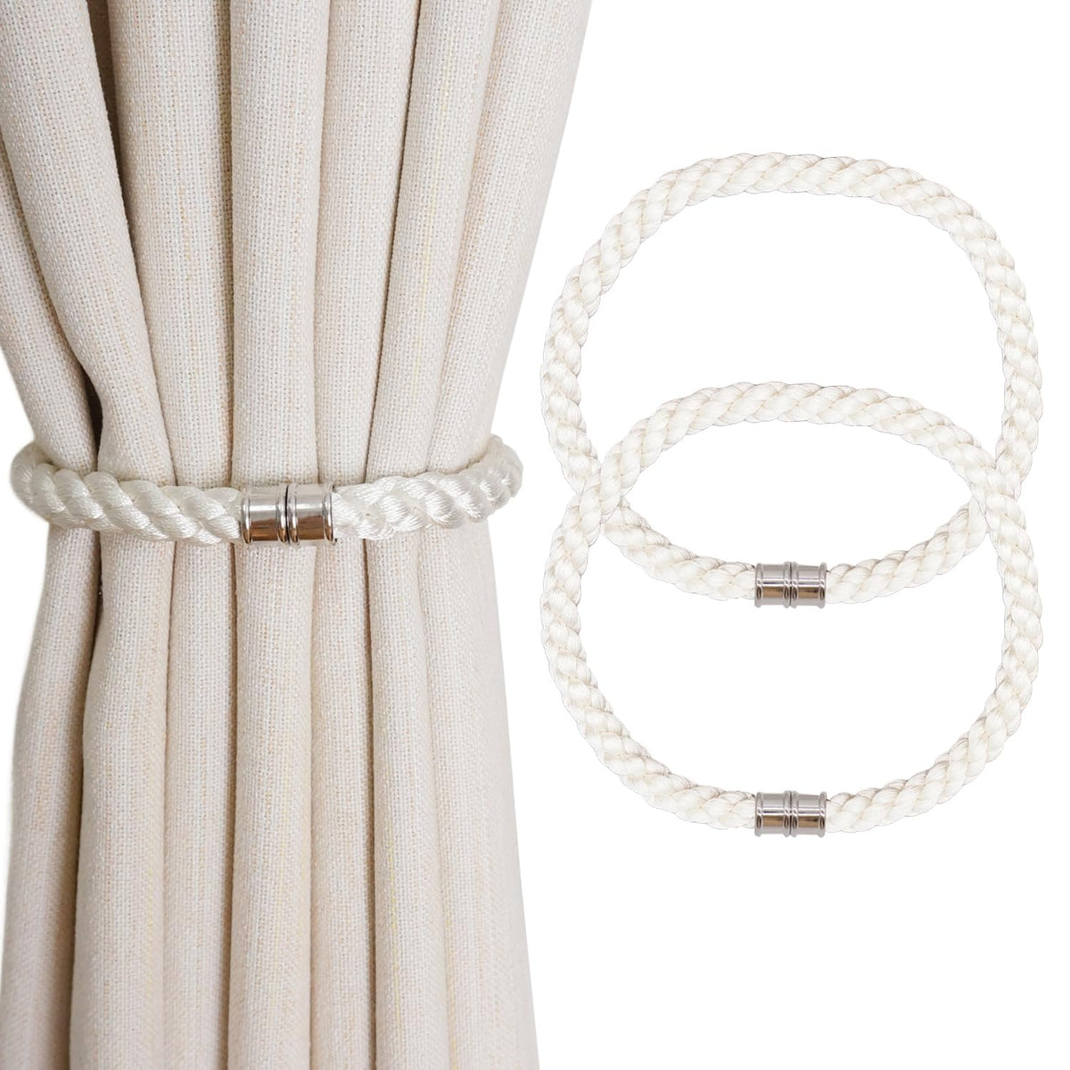 Magnetic Curtain Tiebacks, 2pcs Modern Handmade Rope Curtain Tie Backs Decorative Curtain Holdbacks Holders Cord for Window Sheer Drapes Indoor Outdoor, Grey