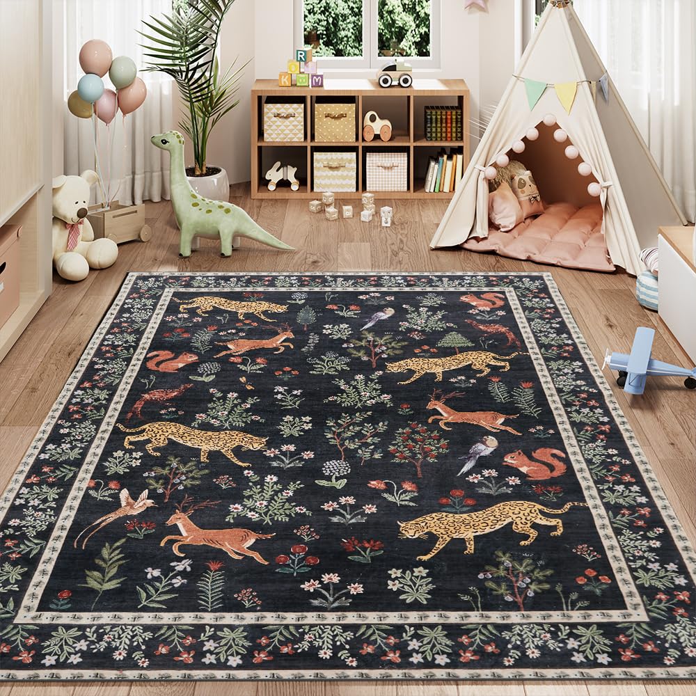 8x10 Reddish Brown Washable Area Rug for Living Room, Vintage Print