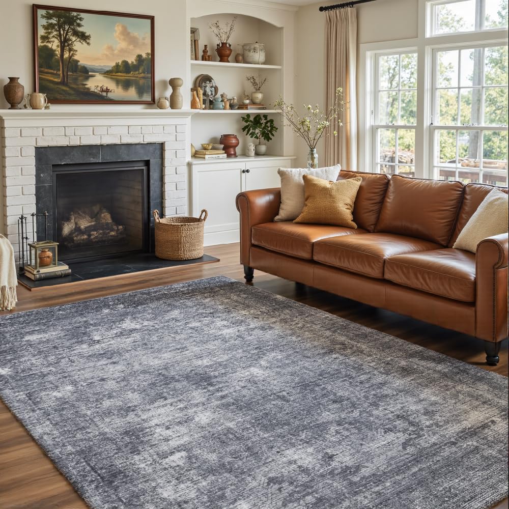 8x10 Reddish Brown Washable Area Rug for Living Room, Vintage Print
