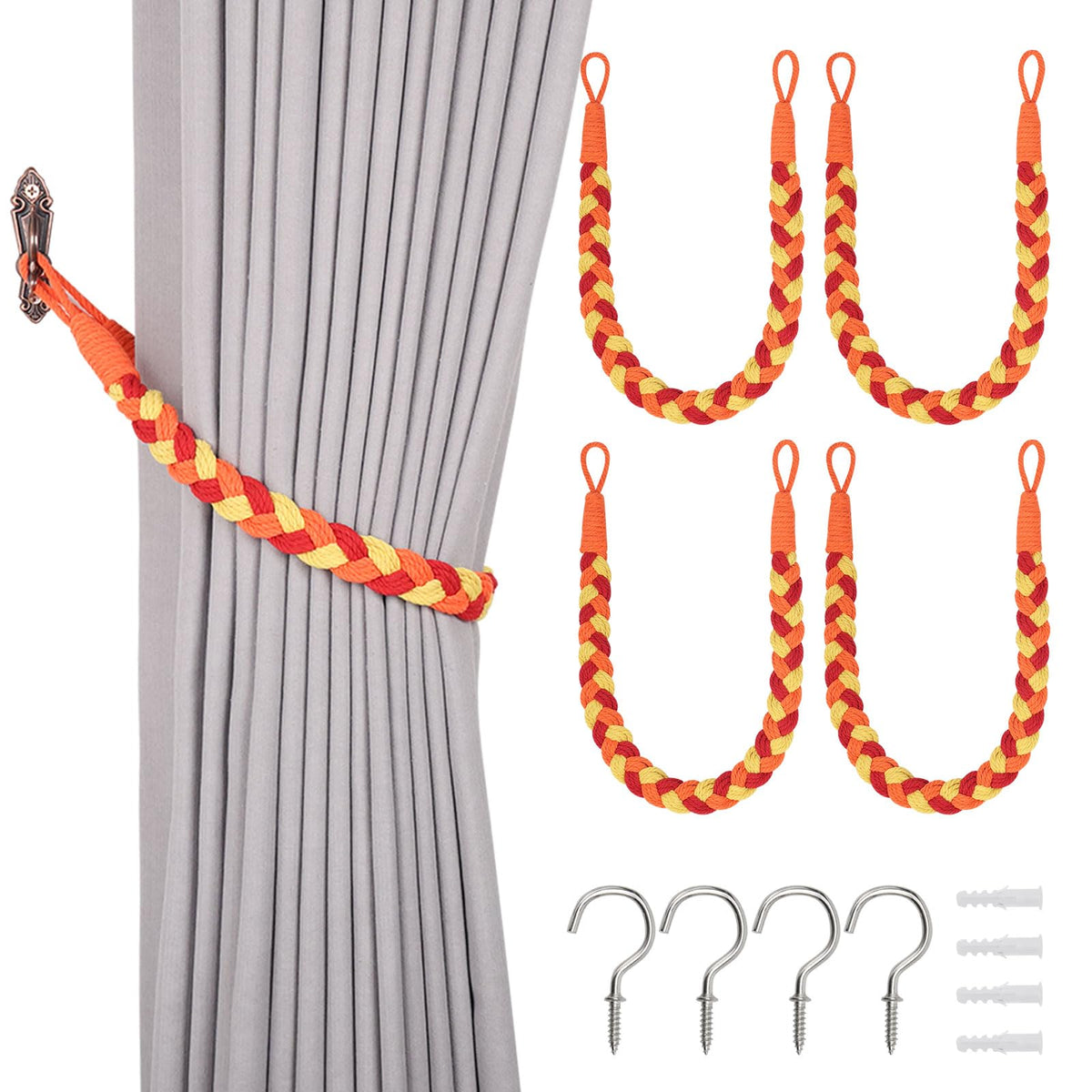 NICEEC 2 Pack Natural Cotton Rope Curtain Tiebacks Elegant Boho Style Decorative Drape Tie Backs Soft Hand-Woven Rope Curtain Holdbacks with Metal Hook for Home & Office Drapery (Coffee)