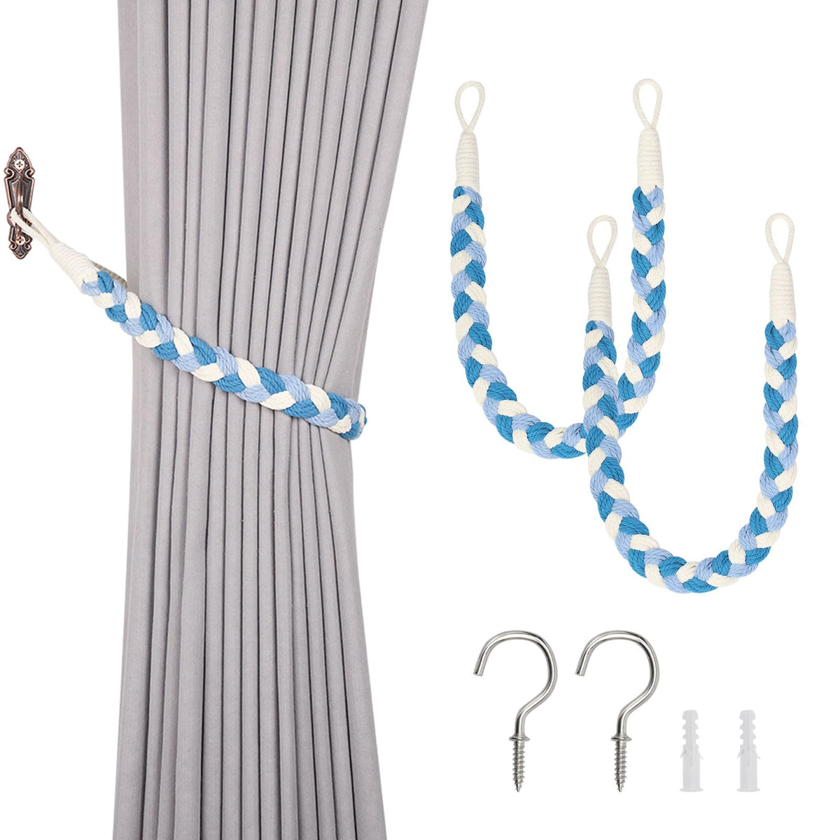 NICEEC 2 Pack Natural Cotton Rope Curtain Tiebacks Elegant Boho Style Decorative Drape Tie Backs Soft Hand-Woven Rope Curtain Holdbacks with Metal Hook for Home & Office Drapery (Coffee)