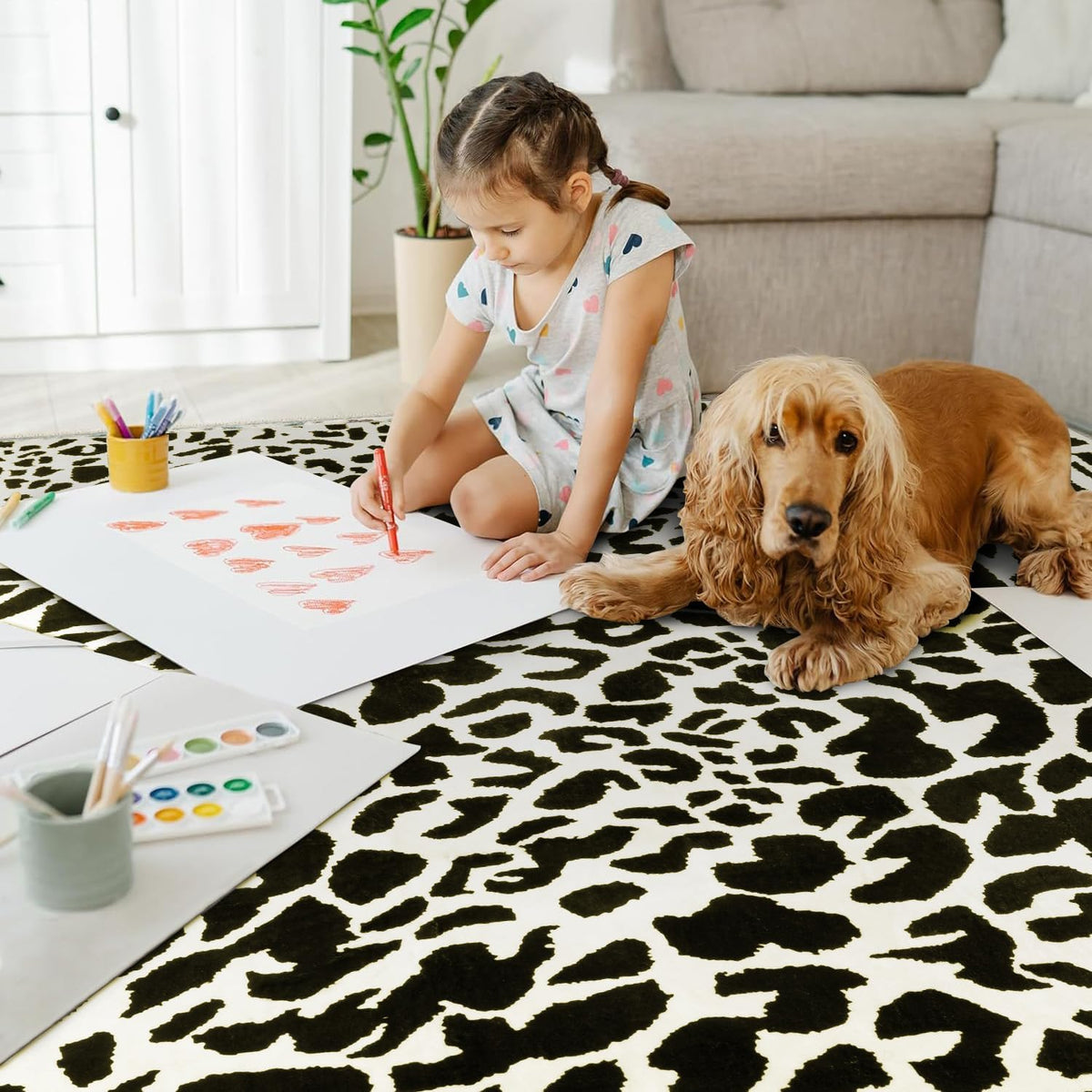 YIHOUSE Leopard Rug for Living Room, 5x7 Black and White Cute Cheetah Print Rug Modern Washable Ultra-Thin Animal Printed Rugs for Bedroom, Girls Boys Dorm Room Nursery Room, Playroom