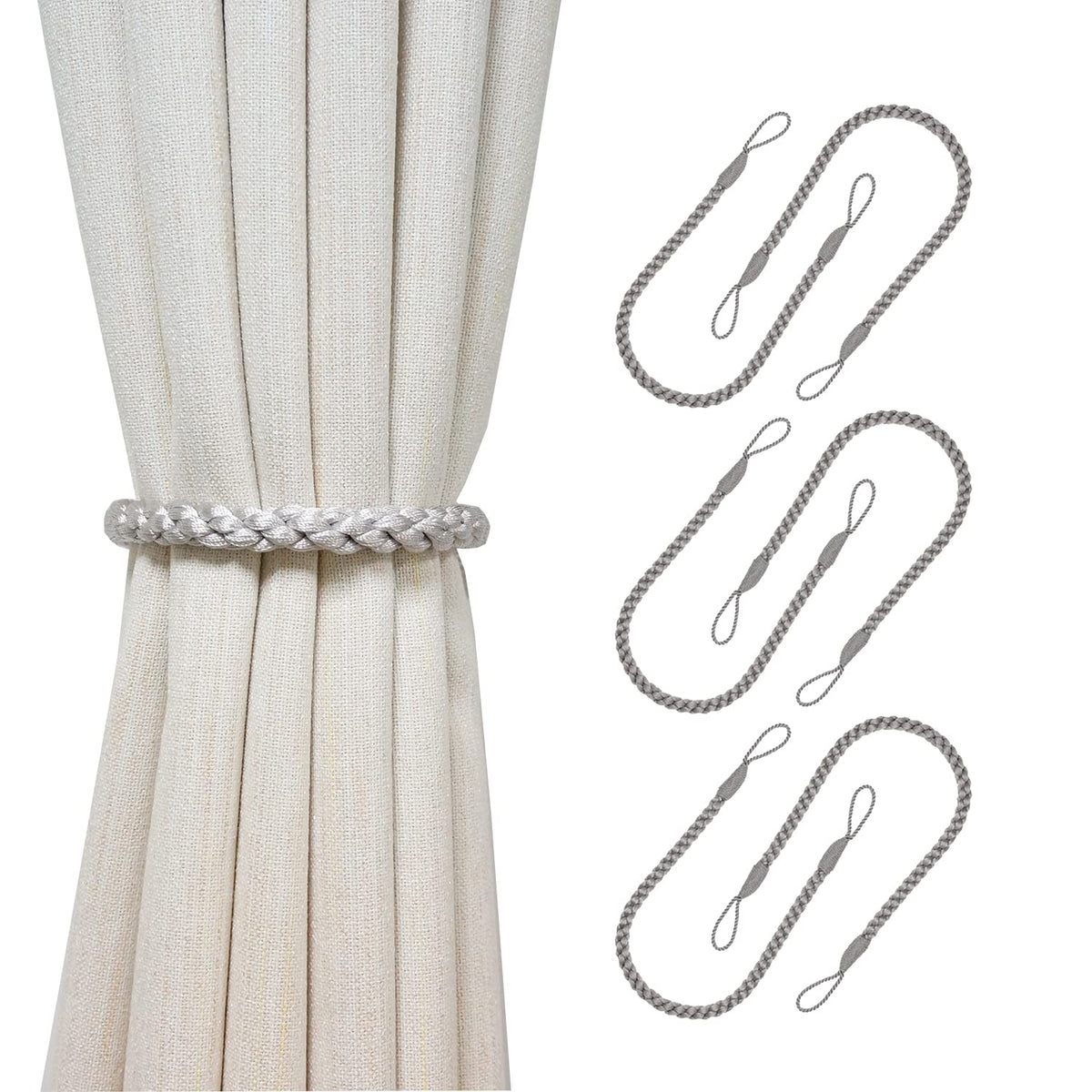 Curtain Tiebacks Ropes, 2pcs Decorative Handmade Tie Backs Curtain Holdbacks Holders Cord for Window Sheer Drapes Indoor Outdoor, Grey