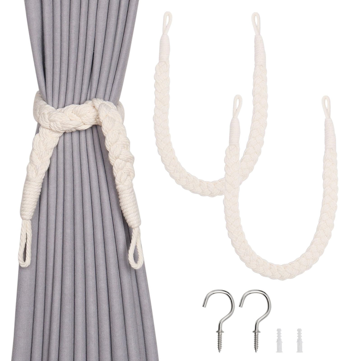 NICEEC 2 Pack Natural Cotton Rope Curtain Tiebacks Elegant Boho Style Decorative Drape Tie Backs Soft Hand-Woven Rope Curtain Holdbacks with Metal Hook for Home & Office Drapery (Coffee)