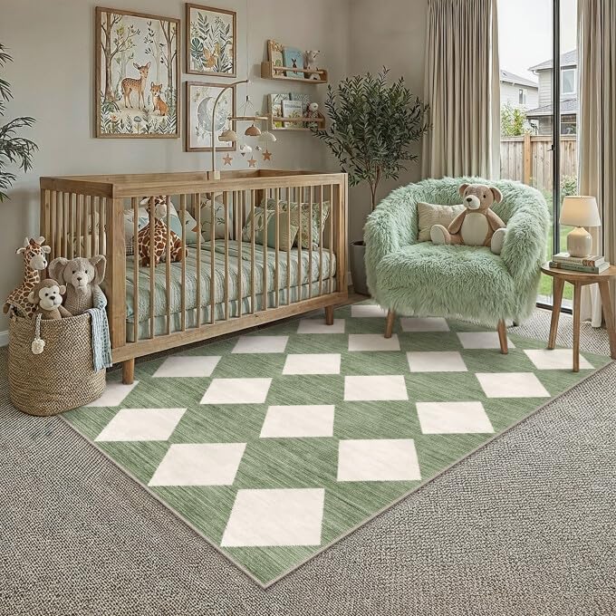 PureCozy 8x10 Washable Area Rug Living Room Beige Non Slip Checkered Carpet