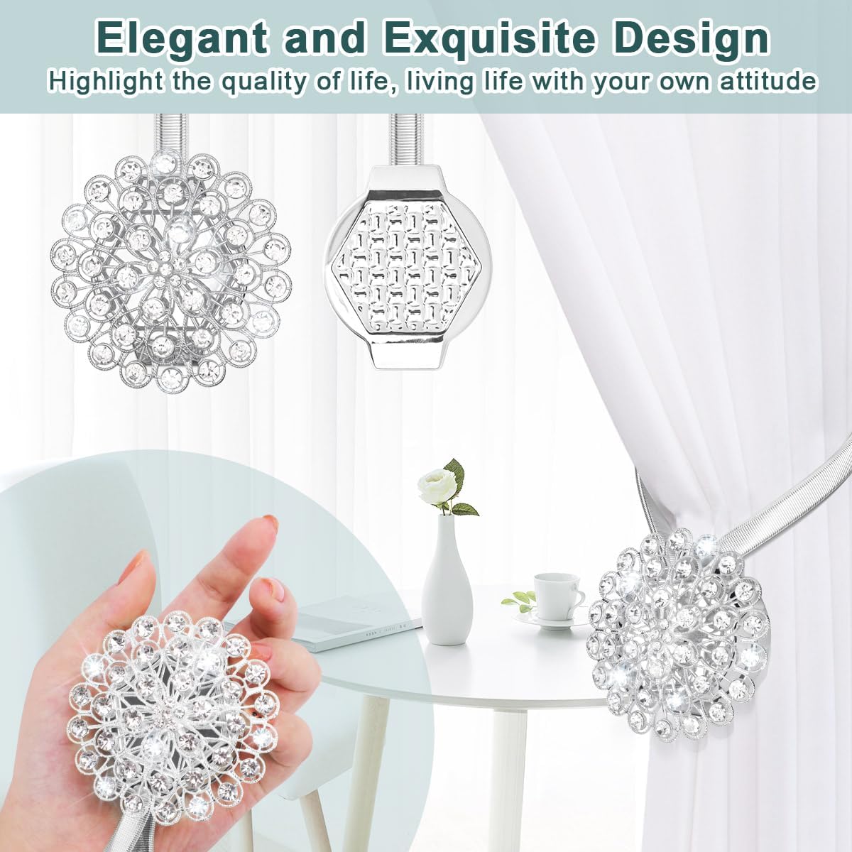 AULEEP Magnetic Curtain Tiebacks Crystal Curtain Ties Holdbacks, 4 Pack